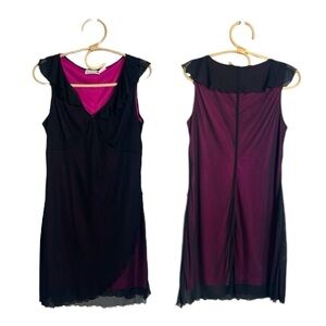 Vintage Scarlett Black Sheer Overlay Hot Pink Ruffle Collar Hem Mini Shirt Dress